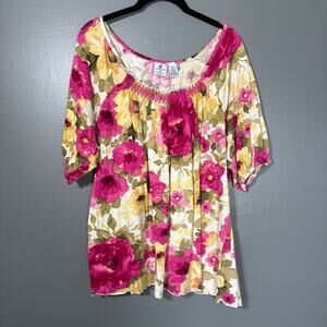 Caribbean Joe Pink & Yellow Floral Tropical Peasant Top - 2X - Women's Plus Size